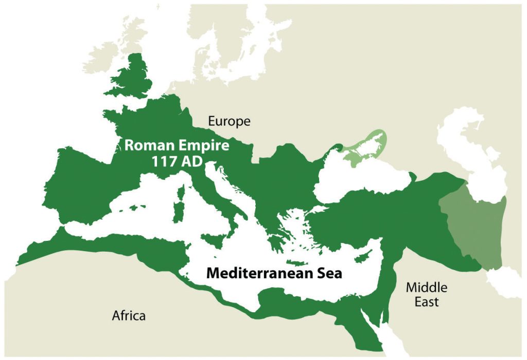 A map of the Roman Empire in 117 AD centered around the Mediterranean Sea between Europe to the north, the Middle East to the southeast, and Africa to the southwest.