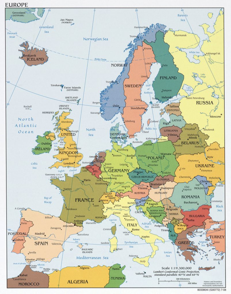 A map of modern Europe showing countries and capital cities.