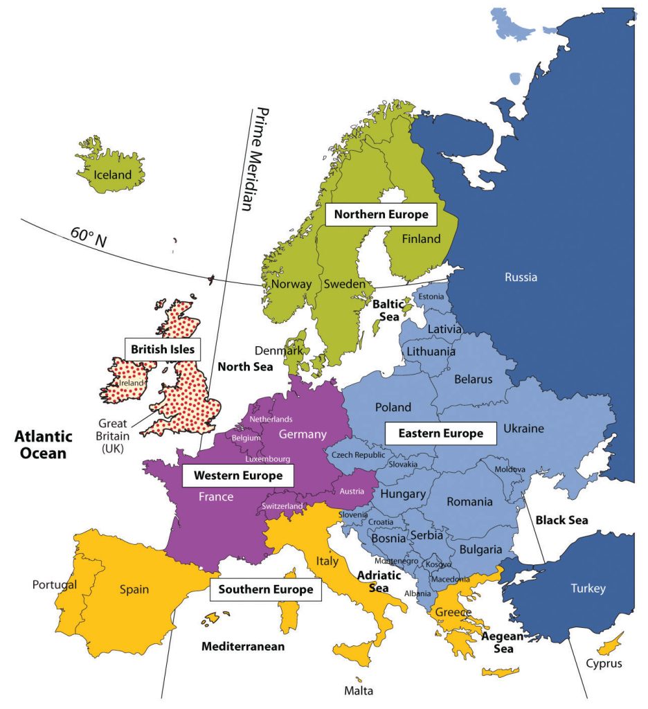 A map showing the traditional regions of Europe: Northern Europe, Eastern Europe, Southern Europe, and Western Europe.