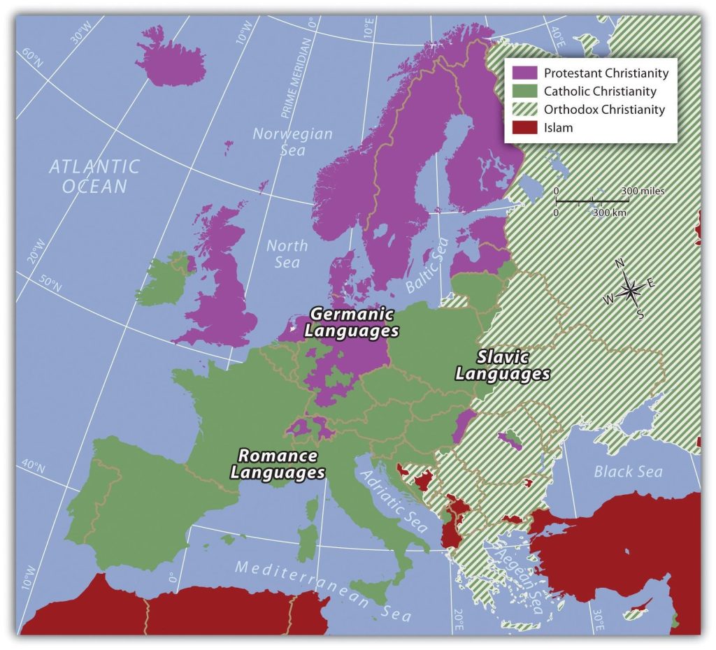 A map of Europe showing text over the major areas for Germanic Languages, Slavic Languages, and Romance Languages over particular areas while color-coding shows three Christian denominations (Protestant, Catholic, and Orthodox).