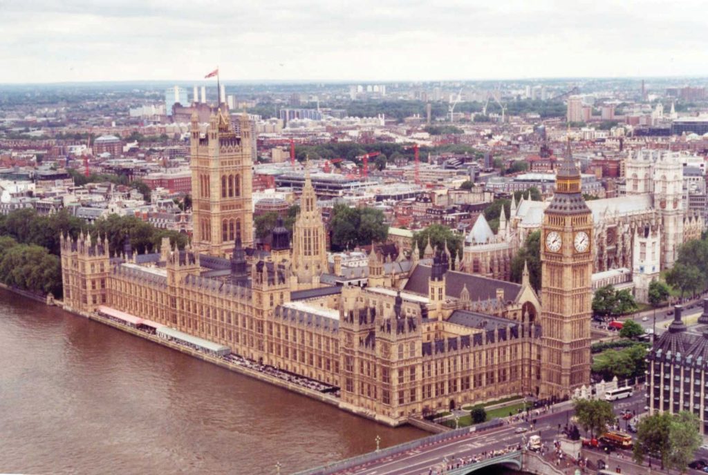 A picture depicting London and the Seat of British Parliament. Big Ben, the famous clocktower, is also visible.