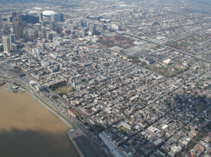 Low oblique aerial photograph of New Orleans (Downtown in upper left corner, French quarters in the foreground)