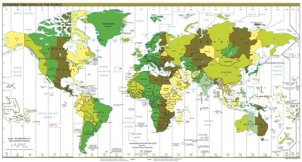 Colored coded map illustrating the time zones of the world