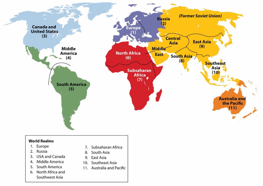 Color coded map of the major world realms including: Europe, Russia, USA and Canada, Middle America, South America, North Africa and Southwest Asia, Subsaharan Africa, South Asia, East Asia, Southeast Asia, and Australia and the Paciific.