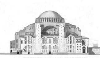 "This is an image of the Hagia Sophia. It is a large building with many windows, arches, and domes."