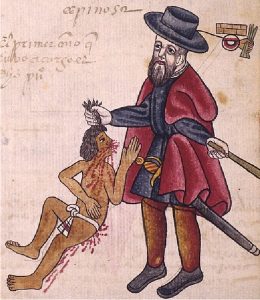 Image of a Spanishencomienda holder beating an Indigenous man