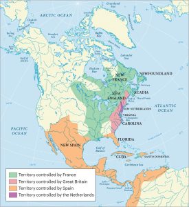 Map of the Americas showing which areas were controlled by each European country