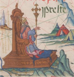 Image of king sitting on trone with tents and a castle in background