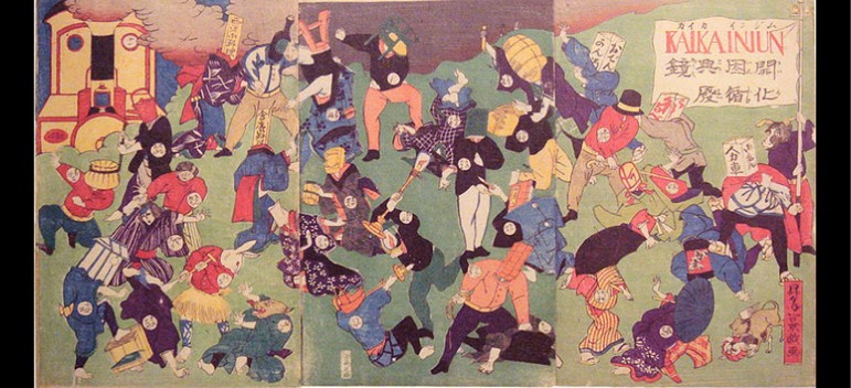 This image shows Japanese people in traditional clothing fighting western objects including electric lamps and chairs.