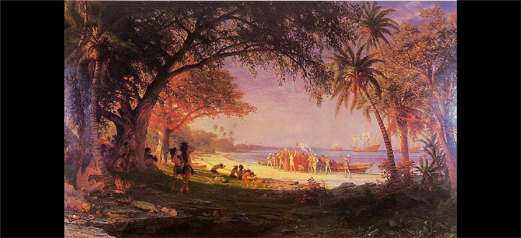 This painting shows an open area in a forest leading to a beach and water. Trees are on the left and right forming an arc at the top. The bottom left shows people with leaves tied around their waists and feathers in their hair. Most have stripes painted on their bodies. The people are sitting, squatting, and standing in front of the trees while some hide behind the trees. A few are in the middle opening bowing. Fruits and vegetables are strewn all over the ground. In the center on the beach, people in armor, long pants and robes, stand with their arms stretched looking toward the group’s center at white flags with crosses being held up high. A man in a long brown robe with a cross above his head stands in the center. One man wearing just pants bows down on one knee in front of the group. Boats are behind them on the shore with three large ships in the background further out in the water.