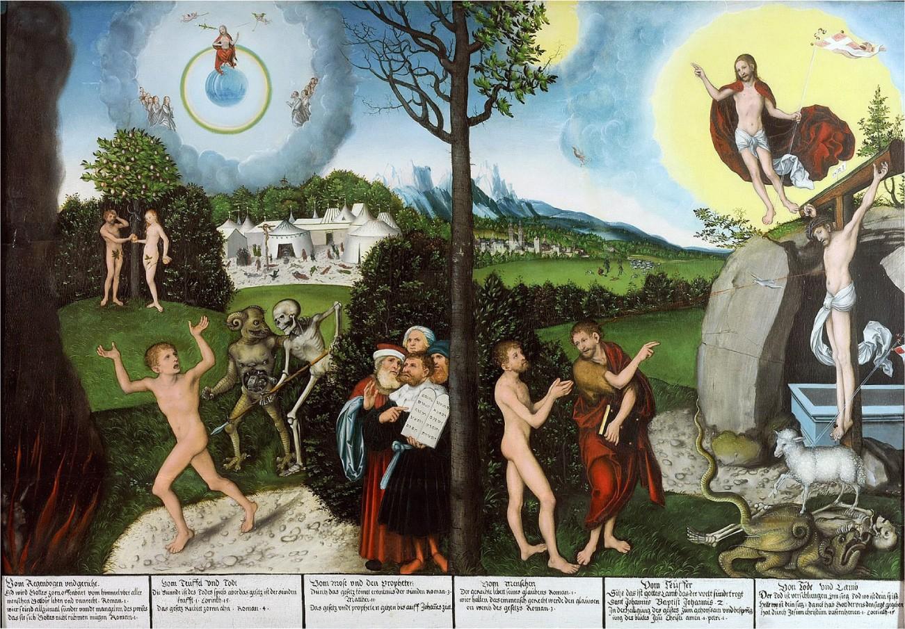 A painting is shown with a tree in the middle, dividing the painting in half. The top of the tree is bare on the left and leafy on the right. The left side of the painting shows lush grasses and trees. At the top a man in robes sits on a round blue orb with angels blaring horns above him. The man is surrounded by an oval array of clouds with a group of people dressed in light colored robes on each side of him. Below him on the left are a man and woman dressed only in leaves below the waist standing in front of a tree holding an apple. To their right is a city of white tents with bodies lying on the ground. A statue of a snake is erected in the city. Below the city is a skeleton who holds a spear running next to a demon. They are both chasing a naked man into fire and smoke that is in the corner of the painting. To the right of the man, four men in robes and head coverings are pointing to a stone tablet with writing on it. The right side of the painting shows a man in the sky. He wears a loincloth and a red robe and holds a pole with a red flag with a white cross on it. A yellow orb shines behind him. Toward the left of the right half, a man in a red robe holds a book and speaks with a naked man, pointing to the right corner where a man hangs on a cross, wearing a crown of thorns and a cloth around his waist. Below the cross is a lamb walking over the crumbled bodies of the demon and skeleton that lie on the ground. Behind the cross is an opening of a cave. Green and lush grasses and trees are shown and there is a city in the middle left background. A group of shepherds and their sheep are in a meadow.