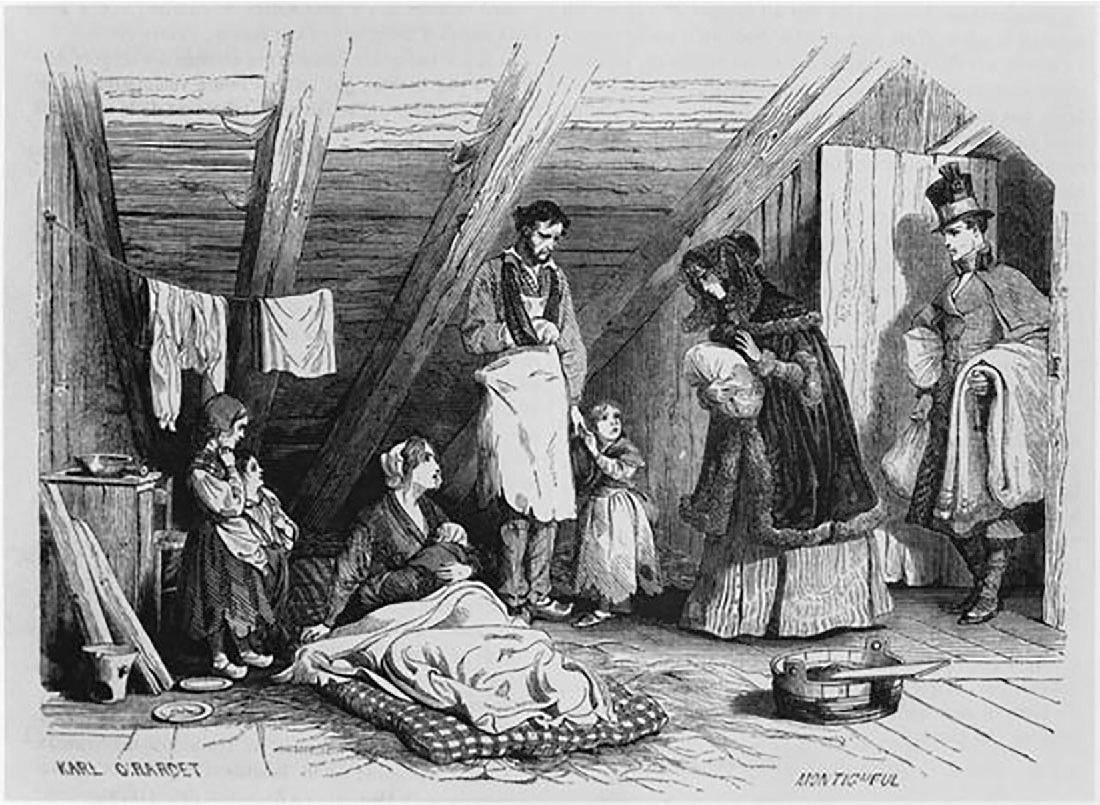 This picture shows a well-dressed couple bringing bundles to a poor family living in an attic. The poor man’s arm is in a sling. The woman lays on the floor. Four young children are near them. Laundry hangs from a clothesline.