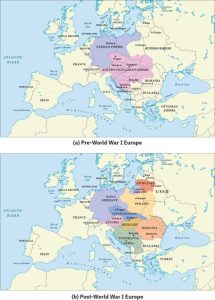 Look at the following figure and note the changes in the geography of Europe after the Treaty of Versailles. How could some of those changes have stirred up resentments among political leaders and populations that might have contributed to the rise of fascism in the 1920s and 1930s?