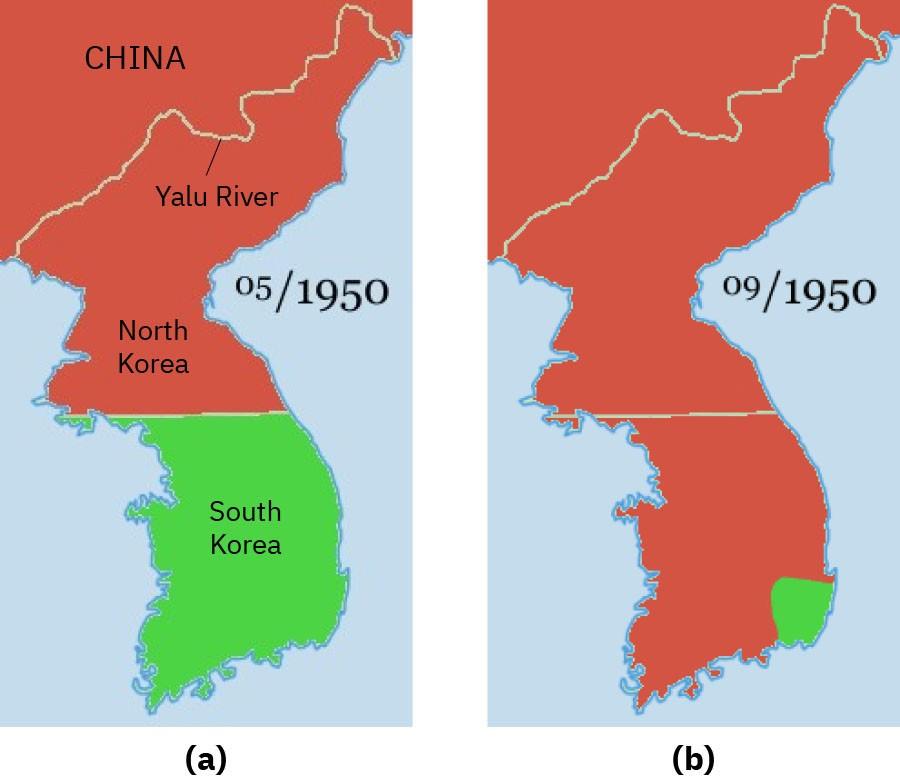 "Two maps of Korea are shown. Both maps show the same region that includes a southeastern section of China, the Yalu River, North Korea, and South Korea. On both maps, the Yalu River is the border between China and Korea. Map (a) is labeled 05/1950 and shows Korea divided horizontally in half into North Korea (highlighted red) and South Korea (highlighted green). Map (b) is labeled 09/1950. The entire map is red except a small portion on the southeastern corner of the Korean peninsula, which is green."