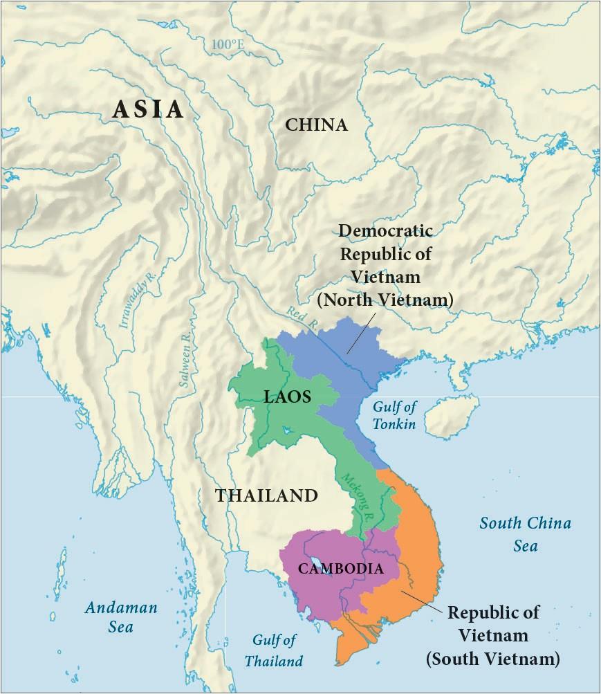 The map of southeast Asia shows China, Thailand, Laos, Cambodia, the Republic of Vietnam (South Vietnam), and the Democratic Republic of Vietnam (North Vietnam). Laos is highlighted green; Cambodia is highlighted purple; the Democratic Republic of Vietnam (North Vietnam) is highlighted blue; the Republic of Vietnam (South Vietnam) is highlighted orange.