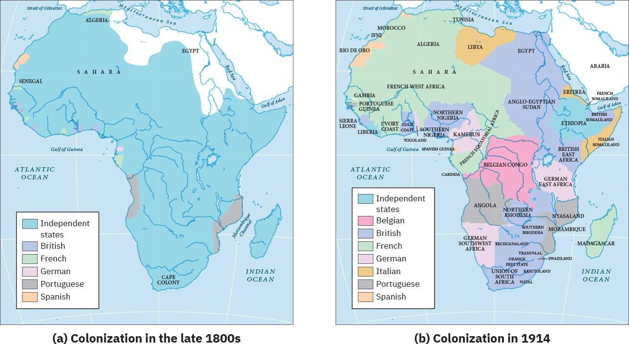 Map (a) is labeled “Colonization in the late 1800s.” In the legend, areas highlighted blue indicate “Independent states.” Most of Africa is highlighted blue in this map, with very small portions other colors. Purple indicates “British.” These areas include four triangle shaped location along the west coast along the Atlantic and Gulf of Guinea. Green indicates “French.” These areas include a thin rectangle area in the north by Algeria, a small rectangle area by Senegal, and three other small triangle areas along the western coast by the Gulf of Guinea. Pink indicates “German.” The one area is a square shape located on the western coast by the Gulf of Guinea. Gray indicates “Portuguese.” These areas include one small triangle shape in the northwestern portion, only long oval section on the lower west coast and one long oval section on the lower east coast. Yellow indicates “Spanish” and is one oval area on the northwest part of Africa, north of Senegal. The northeastern coast of Africa is not highlighted. Map (b) is labeled “Colonization in 1914.” Blue indicates “Independent states.” These areas include Liberia and Ethiopia. The Belgian Congo is dark pink indicating “Belgian.” Purple indicates “British.” These areas include Egypt, Anglo-Egyptian Sudan, British East Africa, Northern Nigeria, Gold Coast, Northern Rhodesia, Southern Rhodesia, Bechuanaland, Transvaal, Orange Free State, Swaziland, Basutoland, Natal, and Union of South Africa. Green indicates “French.” These areas include Tunisia, Morocco, Algeria, Sahara, French West Africa, Gambia, Ivory Coast, Togoland, French Equatorial Africa, and Madagascar. Light pink indicates “German.” These areas include Kamerun, German East Africa, and German Southwest Africa. Orange indicates “Italian.” These areas include Libya, Eritrea, and Italian Somaliland. Gray indicates “Portuguese.” These areas include Portuguese Guinea, Angola, Nyasaland, and Mozambique. Rio de Oro and Ifni are highlighted yellow indicating “Spanish.”