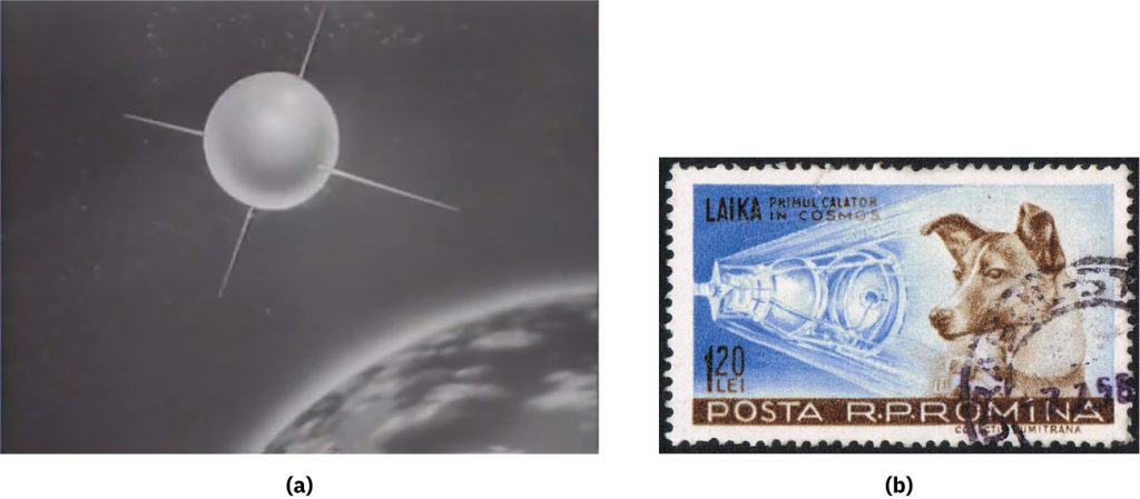 Part a is a drawing that shows a top portion of the Earth in the bottom right of the drawing. An orb with fourprojections coming off of it, one in each direction, is shown in the middle of the drawing floating in space above the Earth. Part b is a stamp that includes a dog. The stamp reads “Posta R.P.Romina” and “Kaika Primul Calator in Cosmos.”
