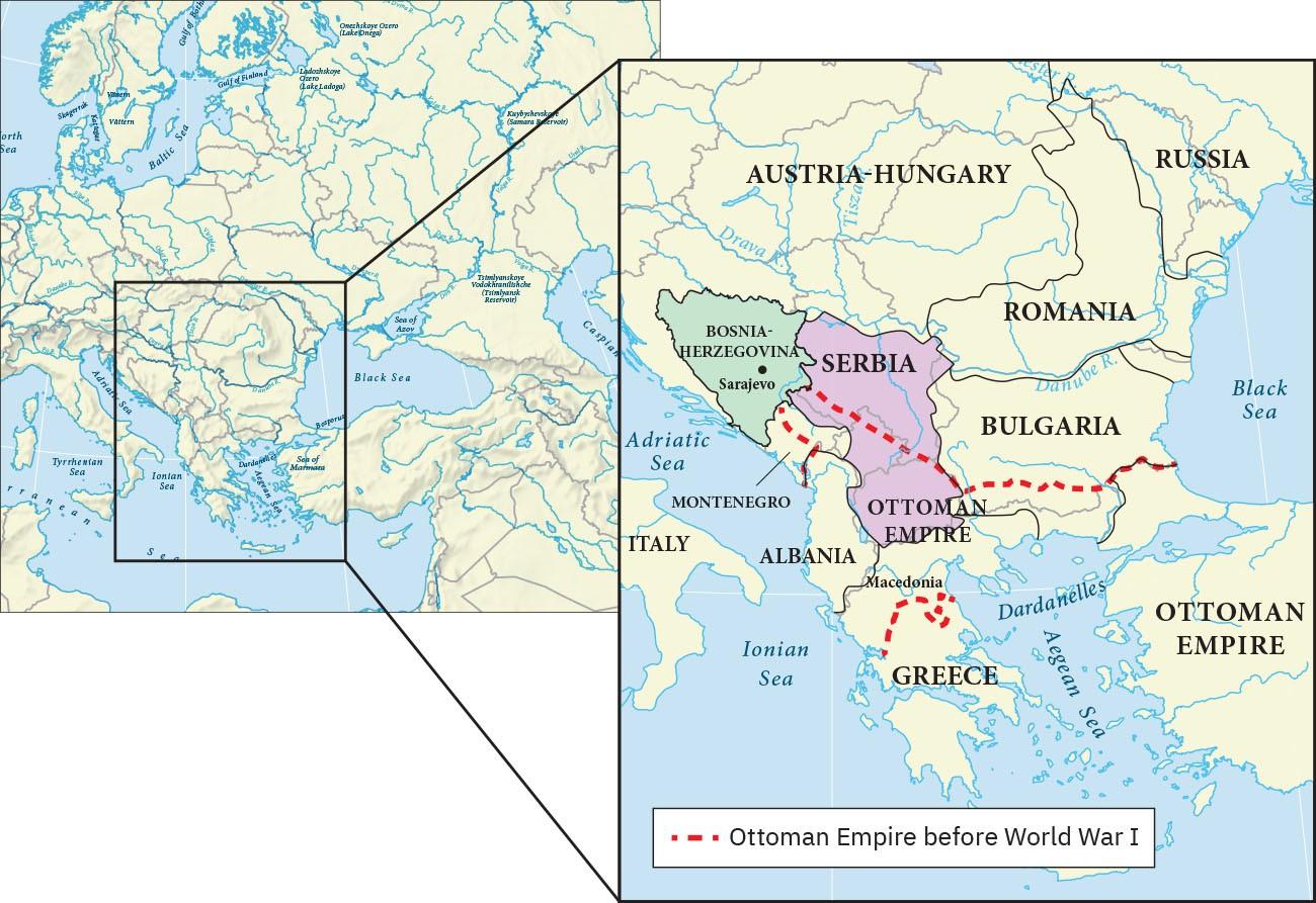 This is a set of two maps. The first map shows where the Balkans are located in a larger map of Europe. The second map is a closeup map of the Balkans that shows the location of Austria-Hungary, Russia, Romania, Bosnia-Herzegovina, Serbia, Bulgaria, the Ottoman Empire, Montenegro, Italy, Albania, Macedonia, and Greece. The Black Sea, Aegean Sea, Ionian Sea, and Adriatic Sea, are also labeled. The map includes a border through Greece, Bulgaria, Serbia, and Montenegro that is labeled Ottoman Empire before World War I.