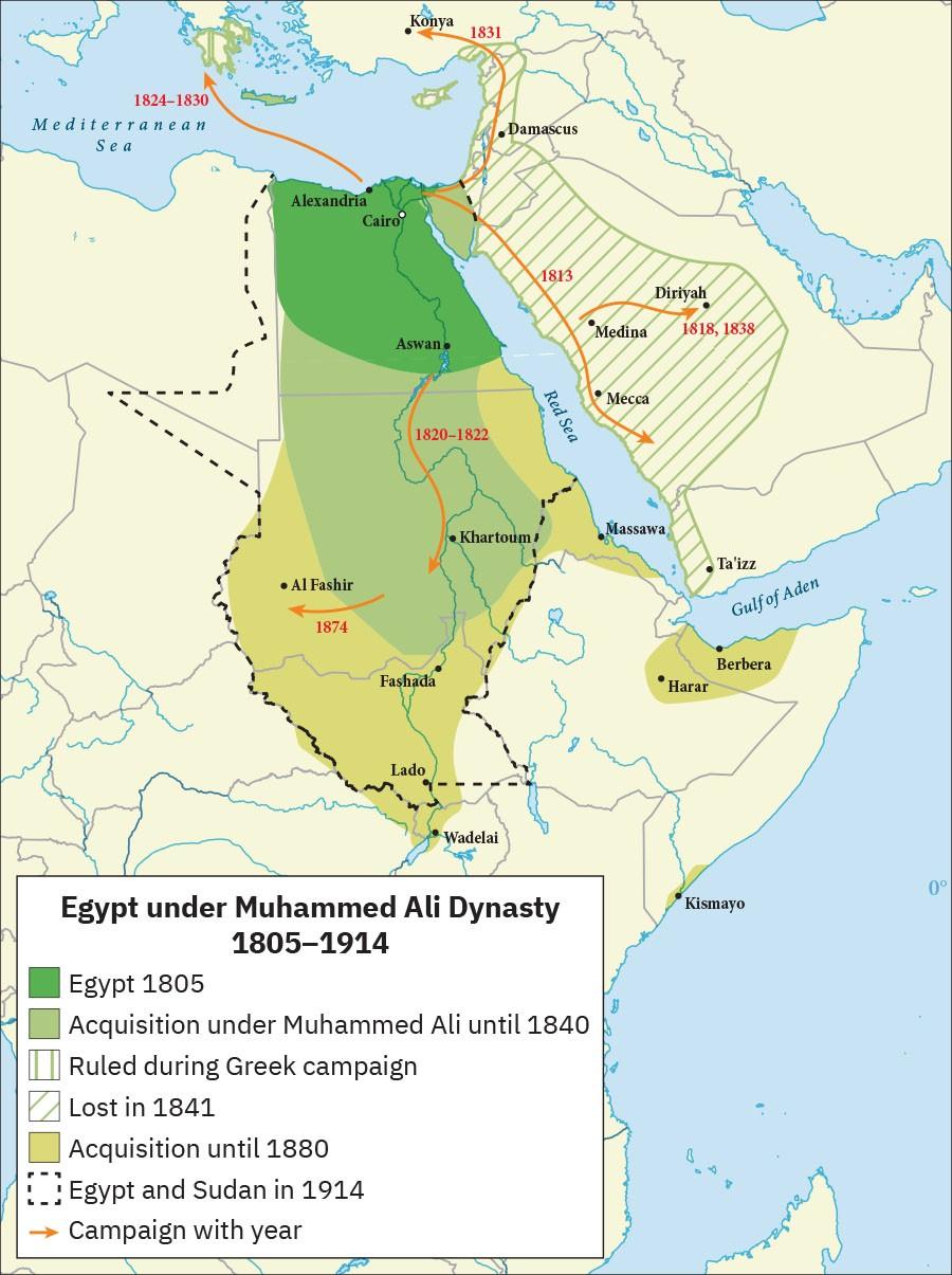A map of the northeast portion of Africa is shown, the Mediterranean Sea to the north, and to the east the Red Sea, the Gulf of Aden and Middle East are shown. The map is labeled “Egypt under Muhammed Ali Dynasty 1805–1914.” A semicircular area labeled “Egypt 1805” is highlighted dark green in the northeast extending from the cities of Alexandra and Cairo at the north down to the city of Arwan. An area highlighted light green and labeled “Acquisition under Muhammed Ali until 1840” is shown as a rounded rectangular shape that extends from the dark green portion south, including Khartoum and ending just above Fashada. The peninsula separating the Mediterranean Sea and the Red Sea is also labeled “Acquisition under Muhammed Ali until 1840.” A yellow-green ‘U’ shaped area is highlighted around the light green area that is labeled “Acquisition until 1880.” It includes the cities of Al Fashir to the west, Fashada and Lado to the south and Massawa on the Red Sea. A small portion on the Horn of Africa is also highlighted yellow-green and includes the cities of Harar and Berbera as well as an area in the south around the city of Kismayo. An island to the northeast of Africa and a portion of the country of Greece are shown in vertical stripes and labeled “Ruled during Greek Campaign.” A large, long, oval area in Arabia running along the eastern coast of the Red Sea and extending inland is highlighted with slanted stripes and labeled “Lost in 1841.” It includes the cities of Damascus, Diriyah, Medina, Mecca, and Ta’izz. A black dashed line runs around all of the dark green, light green, and yellow-green land running from the city of Alexandria in the north down to the city of Lado in the south, extending a bit out in to the west indicating “Egypt and Sudan in 1914.” Red arrowed lines on the map indicate “Campaign with year.” A red arrow is shown from the city of Alexandria going north to Greece with the years “1824–1830.” A red arrow from Cairo runs north up to Konya in Turkey in “1831.” A red arrow from Cairo heads south along the Red Sea to just south of Mecca in “1813.” A red arrow runs from Medina east to Diriyah in “1818, 1838.” A red arrow runs from Aswan south to southwest of Khartoum in “1820–1822.” A red arrow runs from east of Al Fashir to just west of it in “1874.”
