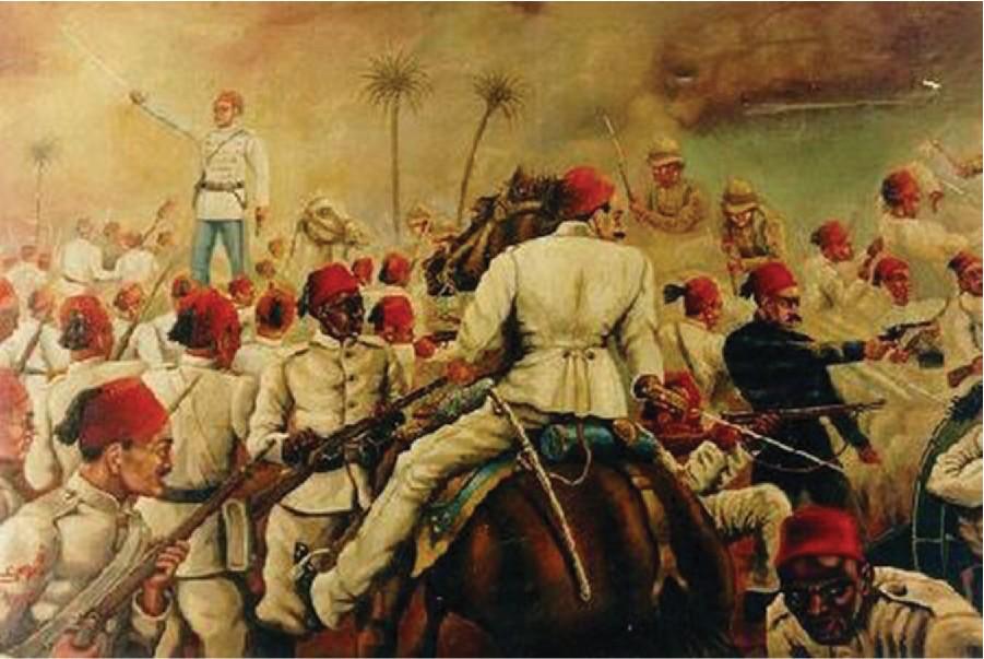 The image shows a crowd of men of various races, all holding guns, swords, rifles, or other weapons, looking angry, with some fighting. Most wear white military uniforms with a red hat, but two men at the top right of the drawing wear a brown combat uniform and helmet. In the middle, a man riding a horse has his back to the viewer. He is dressed in a white military uniform and red hat, sword in his right hand. One man at the top left stands above the crowd wearing a white military coat with buttons running in rows on his chest, pale blue pants, and a red hat. He holds a sword in his raised right hand. A man in the bottom right of the painting is dressed in black clothes, wears a red hat, and points a small gun with his right hand. A white horse and three palm trees are in the brown background.