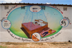 A mural is on a wall is shown. A large oval is shown in the middle with a wooden double bed. In the bed there is a woman in a green nightgown and black hair and a small child with darker hair under a pink blanket and on white pillows. There is a blue, tall net draped around the bed and mosquitos are seen flying all around the net. On the floor to the right of the bed is a man with short dark hair in blue pants laying on a pink mat with shoes next to his mat. The background of the oval is green at the bottom and turns to blue at the top. At the top of the blue net there is a white oval with blue trim with a drawing of a long, dark coiled bug with a tail at the end labelled “larva.” There is a red arrow pointing to the right. The word “Cycle” is written to the right of the oval with a red arrow pointing to another white circle with blue trim on the right side of the oval on the mural. It shows a dark coiled bug with a large black and white head with an eye and is labelled “Pupa.” A red arrow is pointing to the bottom of the mural oval. The word “Malaria!” is written in black and red around the blue trimmed circle. At the bottom of the mural a blue trimmed white circle shows a mosquito on an orange and white background with the word “Adult” written inside. Between the bottom blue trimmed circle and the one on the right side of the oval are the words “kila usiku, kila msimu.” written along the oval in black. On the left side of the oval there is a blue trimmed white circle with 23 black dots and the word “Eggs” written in red above the dots and a red arrow pointing to the top of the oval. The words “Lala ndani ya neti iliyotibiwa,” are written along the oval from the circle with the eggs down to the mosquito circle. Above the “eggs” circle is the word “Zuia…” in black and red and then the word “-Malaria-” running along the oval toward the top “larva” circle. Along the top of the oval there are four pictures of a hollow “x.”