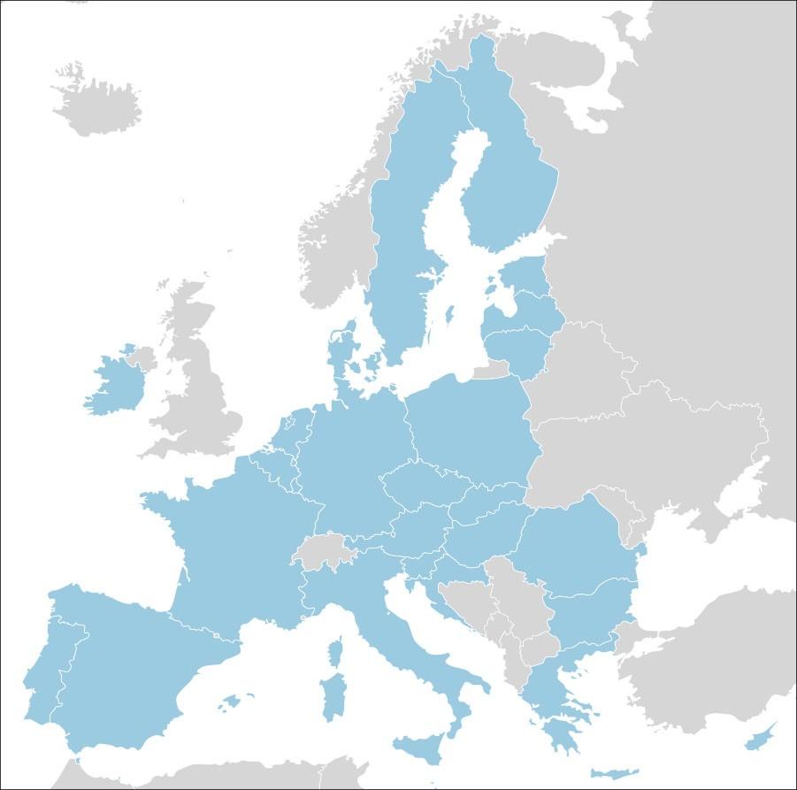 A map of Europe is shown. Portugal, Spain, France, Italy, Ireland, Belgium, Luxembourg, Netherlands, Germany, Sweden, Finland, Estonia, Latvia, Lithuania, Poland, Czech Republic, Slovakia, Hungary, Romania, Bulgaria, Greece, Croatia, Cyprus, Slovenia, and Austria are highlighted blue. The rest of Europe is highlighted gray.