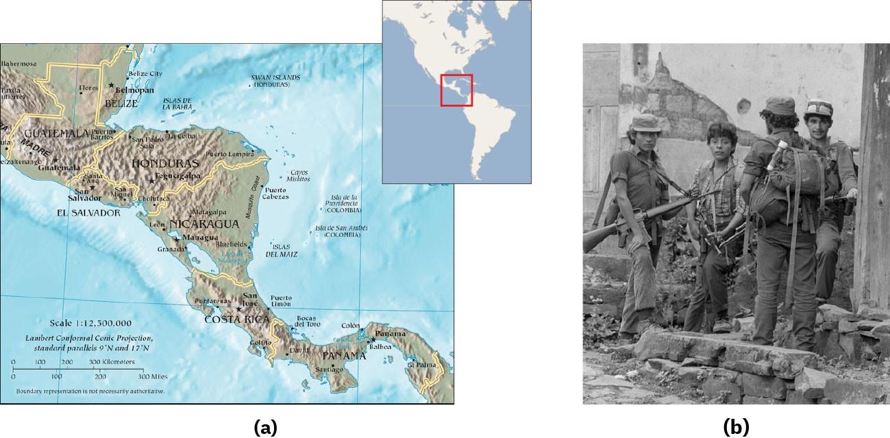 Two images are shown. Image a shows a map of North and South America with a red box enclosing central America. A larger, topographical map of Central America is also shown. From north to south, the following countries are labeled: Belize, Guatemala, El Salvador, Honduras, Nicaragua, Costa Rica, and Panama. Image b is a black and white picture is shown of four men with rifles standing amid a crumbled building. The man on the left wears a cap, has solid-colored clothes and is looking forward. The next man wears a plaid shirt, dark pants, and has black bushy hair. The third man is facing the other three, and wears a backpack with a flashlight attached at the top. His clothes are solid colored and dark bushy hair is seen under his cap. The last man on the right is facing forward and wears a two-toned cap with solid clothes.