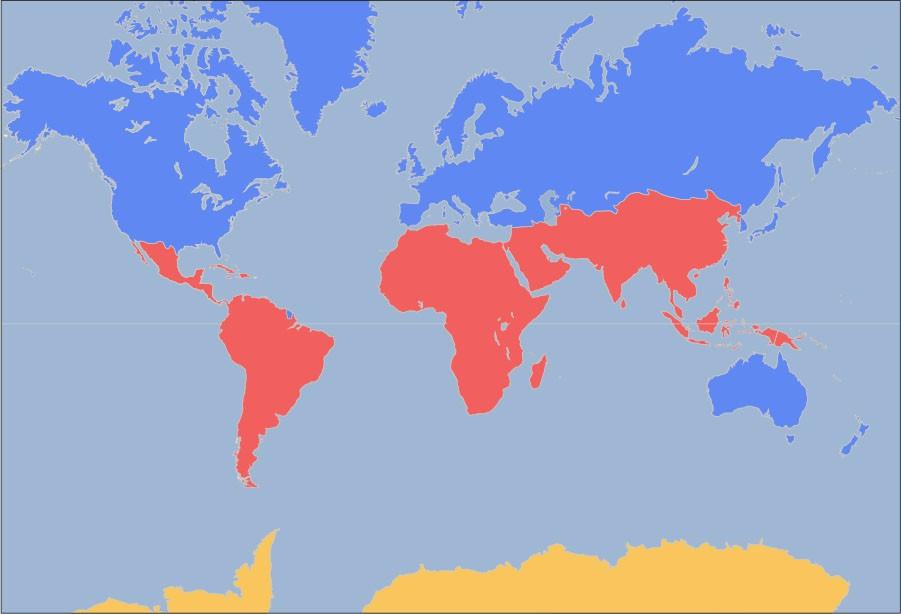 A map of the world is shown. The United States, Canada, Greenland, Europe, Northern Asia, and Australia are highlighted blue and Central America, South America, Africa and South Asia are highlighted red. Antarctica is highlighted yellow.