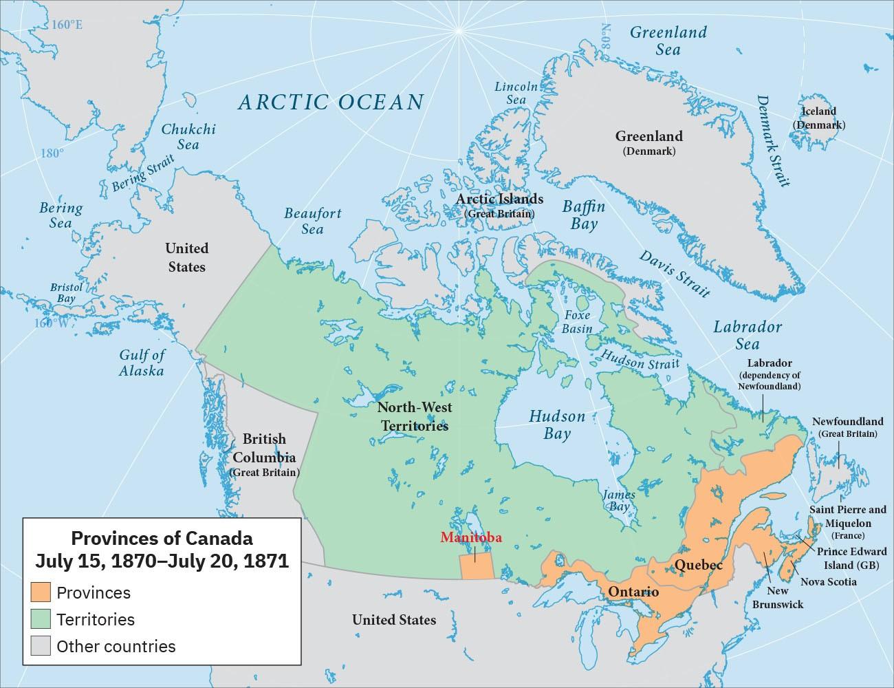 A map of the Arctic Ocean, Canada, Greenland, and the top portion of the United States is shown. A legend is labeled “Provinces of Canada; July 15, 1870–July 20, 1871.” On the legend, the color orange indicates “Provinces,” green indicates “Territories,” and gray indicates “Other countries.” Most of Canada (except for a rectangular portion in the southwest labelled “British Columbia” (Great Britain)), is highlighted green and labeled “North-West Territories.” A square section at the bottom middle of Canada labeled “Manitoba” is highlighted orange as well as a long section along the bottom of Canada on the southeastern edge, including places labeled “Ontario, Quebec, New Brunswick, Nova Scotia, Prince Edward Island (GB), and Saint Pierre and Miquelon (France).” All the other lands shown are highlighted gray.