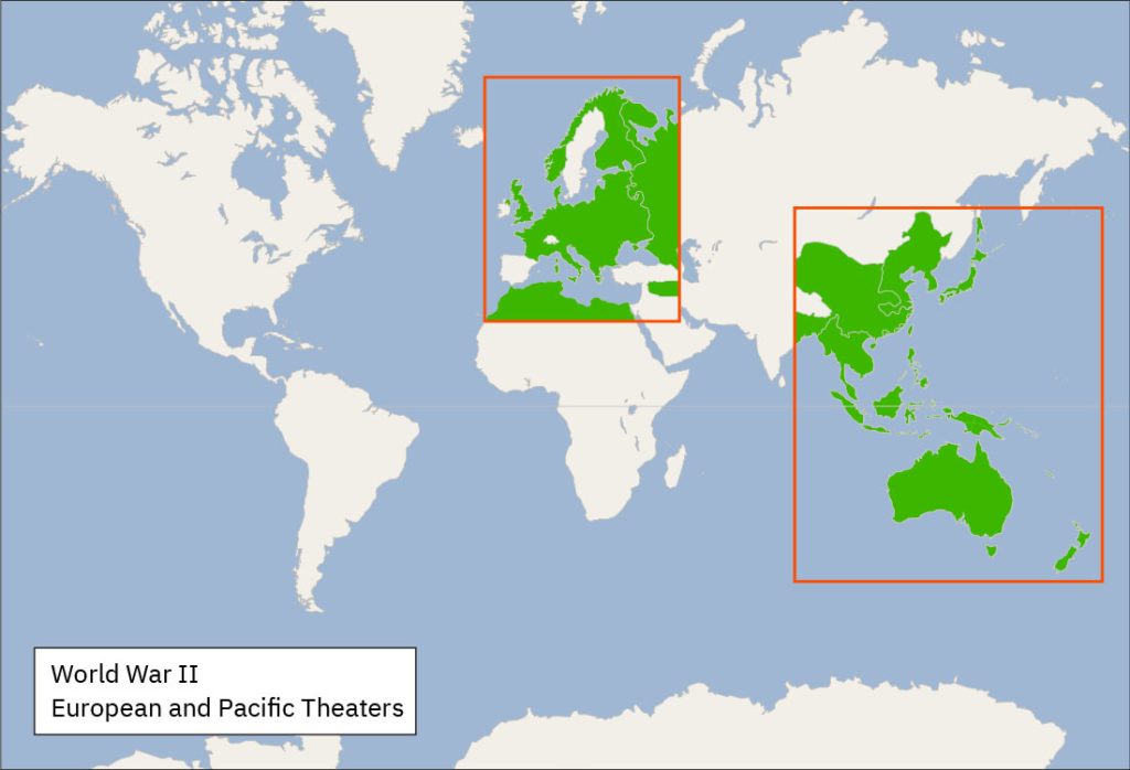 A world map titled “World War II, European and Pacific Theaters” is shown. There are two red boxes enclosing shaded areas. The first box includes Europe and North Africa. Norway, Finland, the area from France heading east to the Russian border, South from Italy to the Baltic Sea, the northern part of Africa (including Algeria, Morocco, and Tunisia), a section of western Russia, and the United Kingdom are highlighted green. The second red box includes Southeast Asia and Australia. An eastern portion of China, Japan, North and South Korea, Japan, Thailand, the Indonesian islands, the northern half of Australia, the southern part of New Guinea, a southeastern portion of China, and a small eastern portion of India are highlighted green.