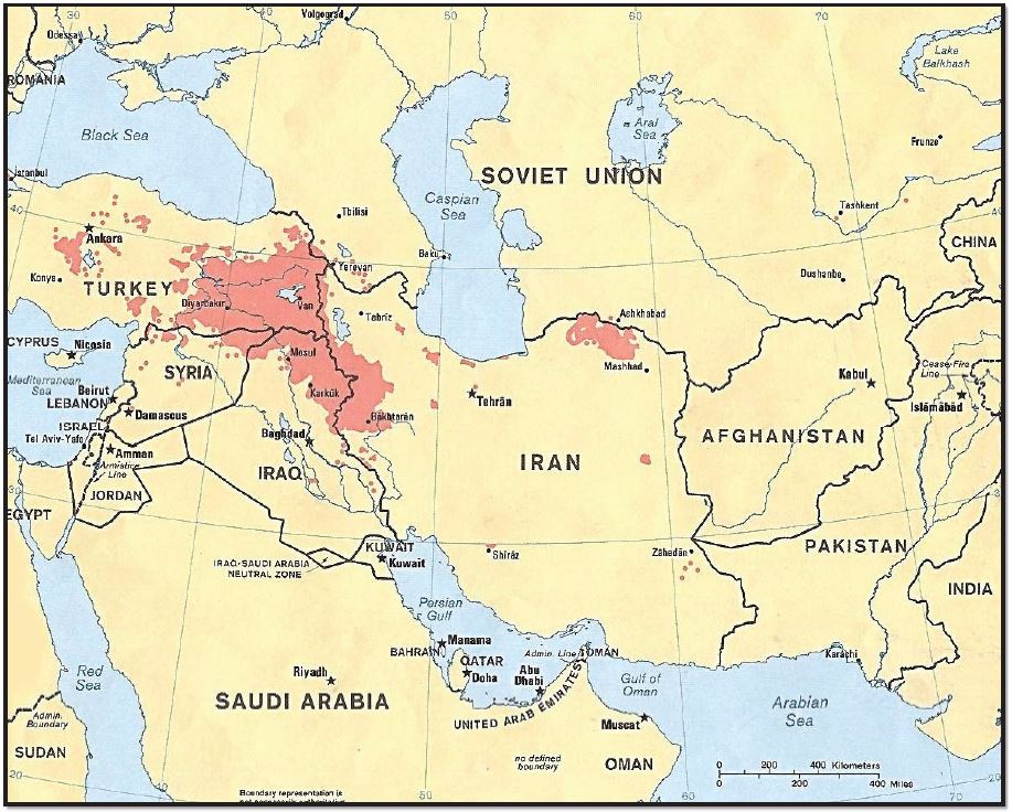 Figure 8.2 |Stateless nation: Kurd-majority areas in Turkey, Syria, Iraq, and Iran, Author | U.S. Central Intelligence Agency