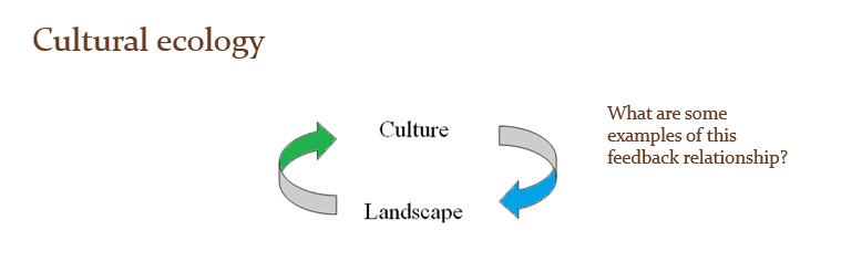 This graph consists of two arrows in clockwise oval motion. The left arrow points to the word "Culture". The right arrow eminates from the other side of the word "Culture" and points to the word "Landscape." the otherside of the word Landscape is the beginning of the left arrow. Ideally, the graph reinforces the idea of constant interaction between humanity and the landscape.