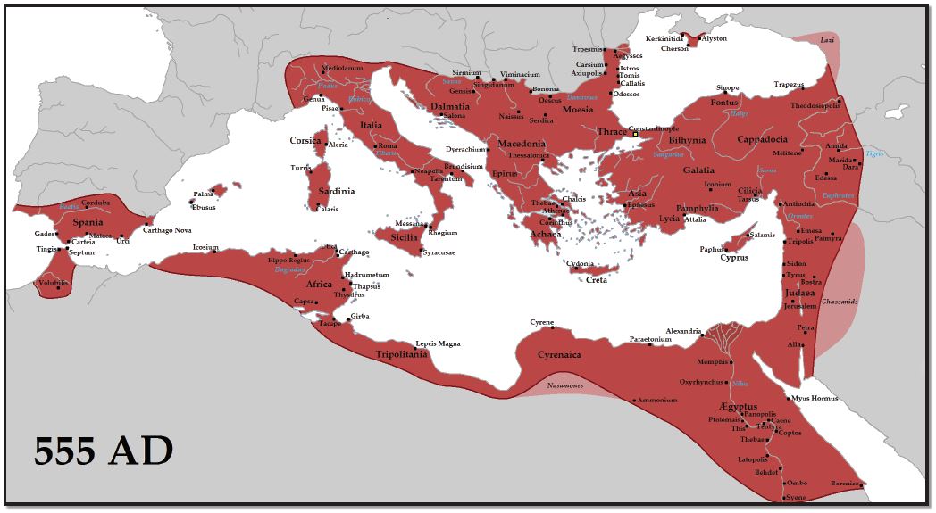 Map of the Mediterranean basin highlighting the coastal concentration of the Byzantium and Muslim influences at 555 CE.