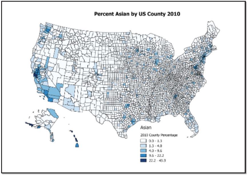 Distribution of Asian American population by US counties in 2010, showing more population in areas including Alaska, Hawaii, California, and parts of the East Coast.