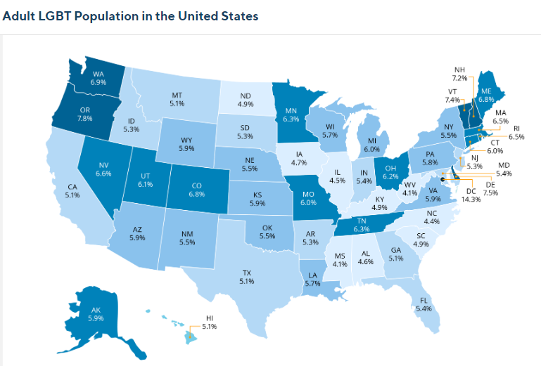 Map of adult LGBT population in the United States
