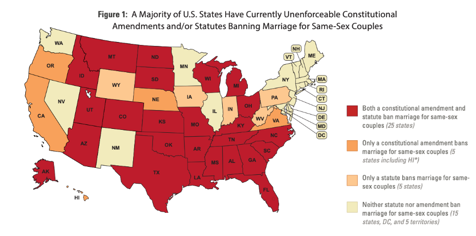 US Map of states that currently have unenforceable constitutional amendments and/or statues banning same-sex marriages