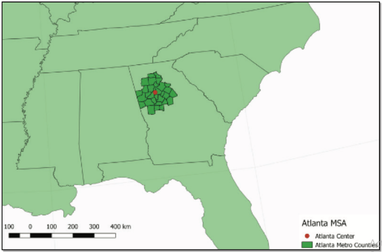 Map of the southeastern United States demonstrating a cluster of high density places surrounding Atlanta that represent a node.