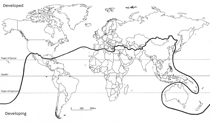 The Global North as defined by the Brandt Line in 1980.