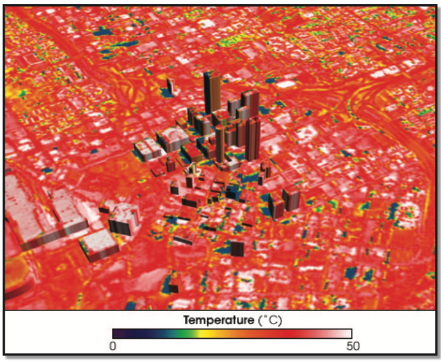 Aerial view centered on downtown Atlanta, GA with its tall buildings at the center taken with thermal imaging and so the areas surrounding the dark, less hot buildings are brightly colored red to indicate high temperatures.