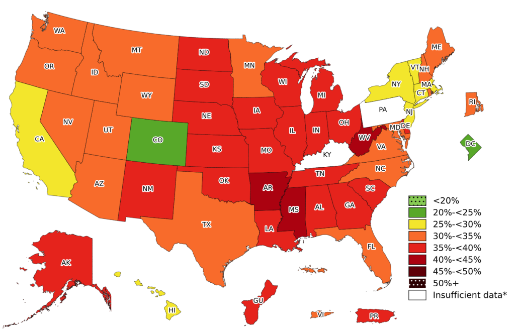 Color-coded U.S. map showing prevalence of self-reported obesity among adults by state and territory.