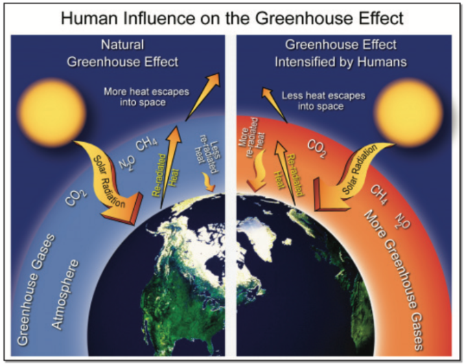 Model showing a natural greenhouse effect (calm blue ring around the earth) and a human induced intensified effect model (red and yellow band around the earth). Solar radiation is constant but the intensification is indicated with a higher concentration of greenhouse gases, more reradiated heat back to the planet, and less heat escaping into space.