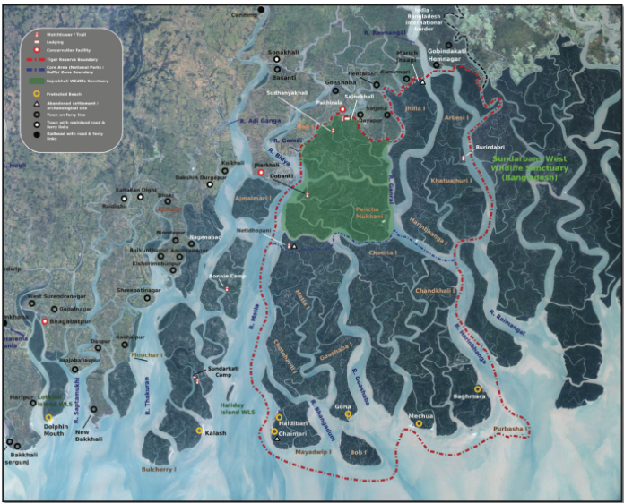 Aerial map of Sundarban Park showing the boundaries of the park nested within a field of rivers (mouths of the Ganges River) pouring into the ocean.
