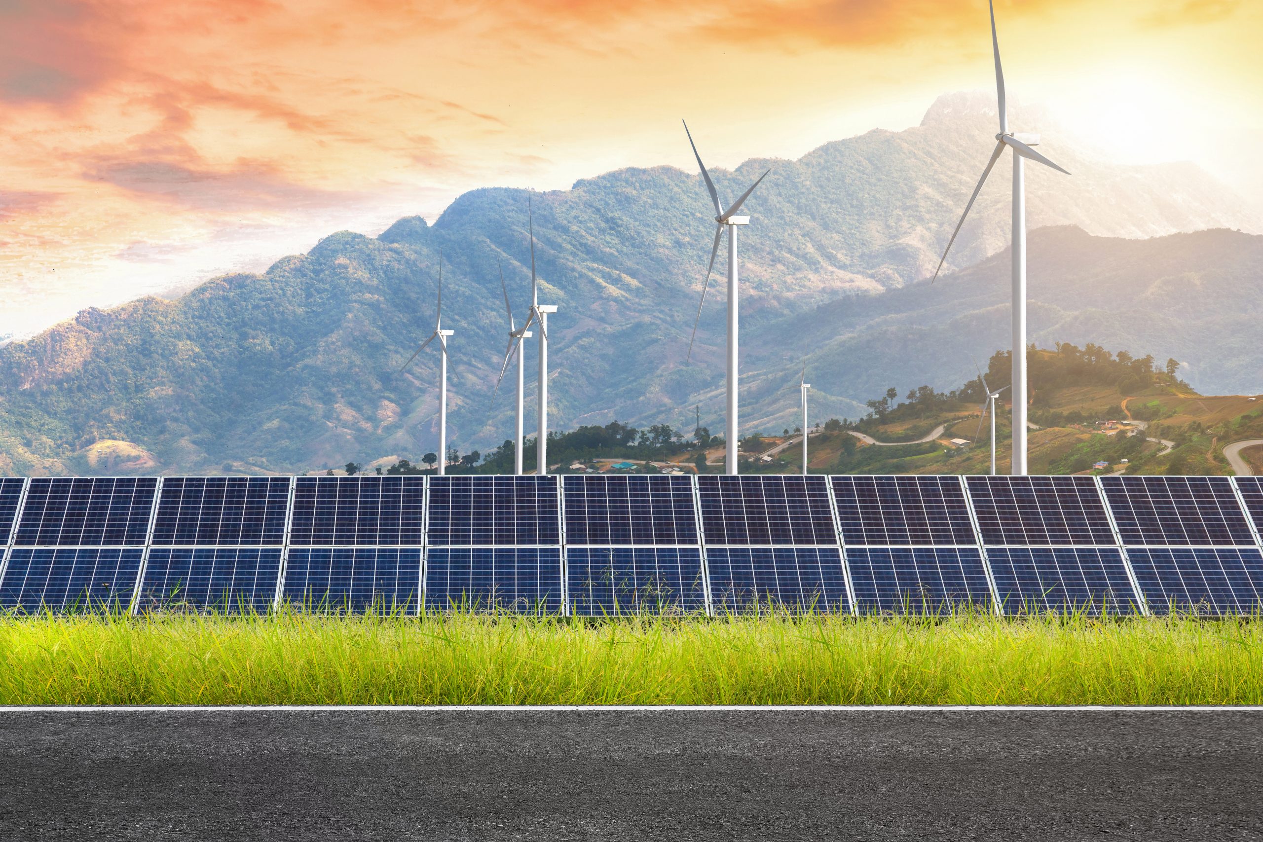 Image of Solar Panels and Wind Turbines.