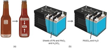 Diagram A shows a beer bottle containing pre-beer and sugar. An arrow points from this bottle to a second bottle. This second bottle contains the same volume of liquid, however, the sugar has been converted into ethanol and carbonation as beer was made. Diagram B shows a car battery that contains sheets of P B and P B O subscript 2 along with H subscript 2 S O subscript 4. After the battery is used, it contains an equal mass of P B S O subscript 4 and H subscript 2 O.
