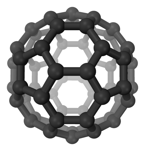 The figure is a many-sides spherical ball composed of hexagonal rings which have carbon atoms at each corner.