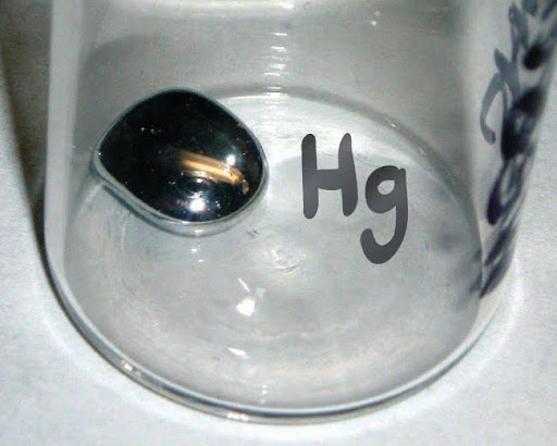 A jar labeled “Hg” is shown with a small amount of liquid mercury in it.