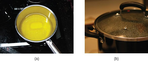 Figure A is a photograph of butter melting in a pot on a stove. Figure B is a photograph of something being heated on a stove in a pot. Water droplets are forming on the underside of a glass cover that has been placed over the pot.