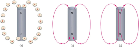 Three diagrams illustrating magnetic field lines. Figure a shows a bar magnet with a number of compasses arranged along the magnet on either side. The needles of the compasses at the north pole of the magnet point away from the pole. The needles of the compasses at the south pole of the magnet point toward the pole. The needles of compasses in between the two poles point parallel to the magnet, toward the south pole. Figure b shows lines running from the north pole out and around to the south pole. Figure c shows lines as closed loops running from the north pole outside the magnet and around the south pole, and then up through the magnet to the north pole.