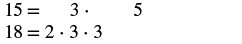 The image shows the prime factorization of 15 written as the equation 15 equals 3 times 5 on the top and the prime factorization of 18 written as the equation 18 equals 2 times 3 times 3 below.