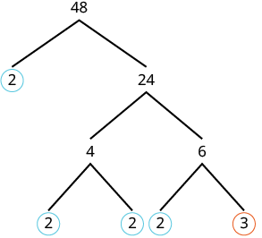 Factor tree of 48 showing first level of factors: 2 and 24. Second level of factors of 24 is 4 and 6. Third level of factors of 4 is 2 and 2, next level of factors of 6 is 2 and 3.